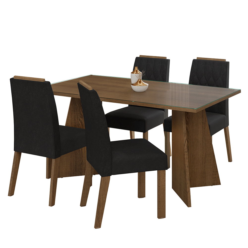 Juego de Comedor Porto con 4 Sillas - Tablero de Madera y Cristal Marrón/Oxford