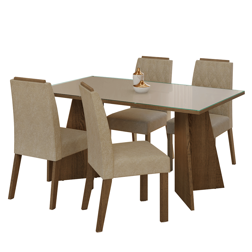 Juego de Comedor Porto con 4 Sillas - Tablero de Madera y Cristal Marrón/Crema/Imperial