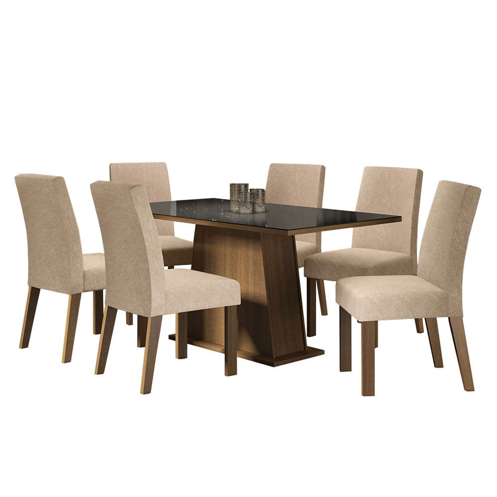 Juego de Comedor Patricia con 6 Sillas - Tablero de Madera y Cristal Marrón/Negro/Imperial