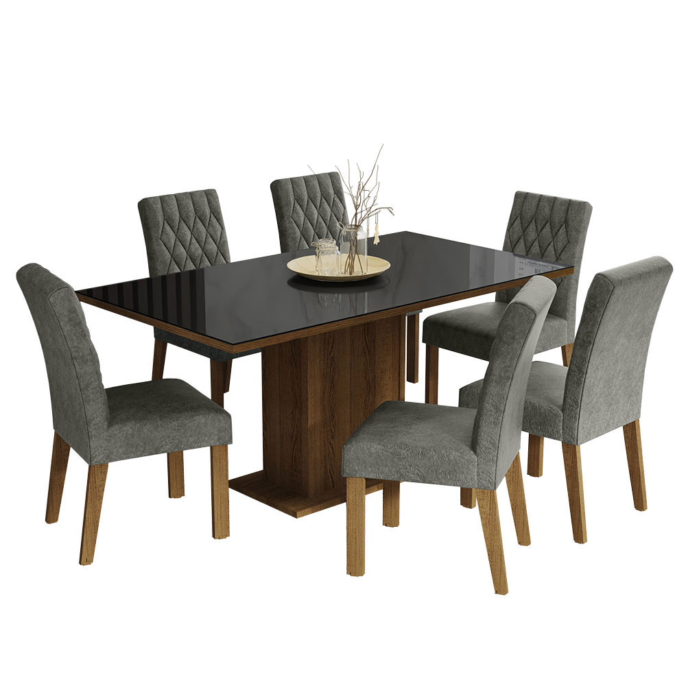 Juego de Comedor Geórgia con 6 Sillas - Tablero de Madera y Cristal Marrón/Negro/Plateado