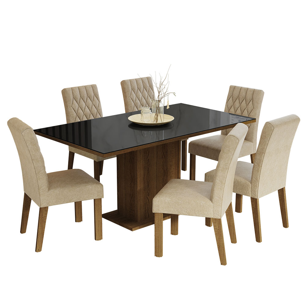 Juego de Comedor Geórgia con 6 Sillas - Tablero de Madera y Cristal Marrón/Negro/Imperial