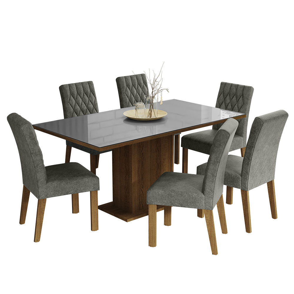Juego de Comedor Geórgia con 6 Sillas - Tablero de Madera y Cubierta de Cristal Marrón/Gris/Plateado