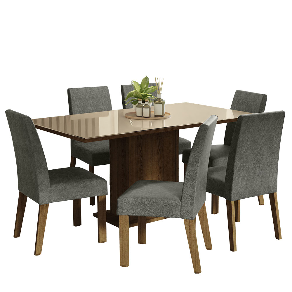 Juego de Comedor Alexis con 6 Sillas - Tablero de Madera y Cubierta de Cristal Marrón/Crema/Plateado