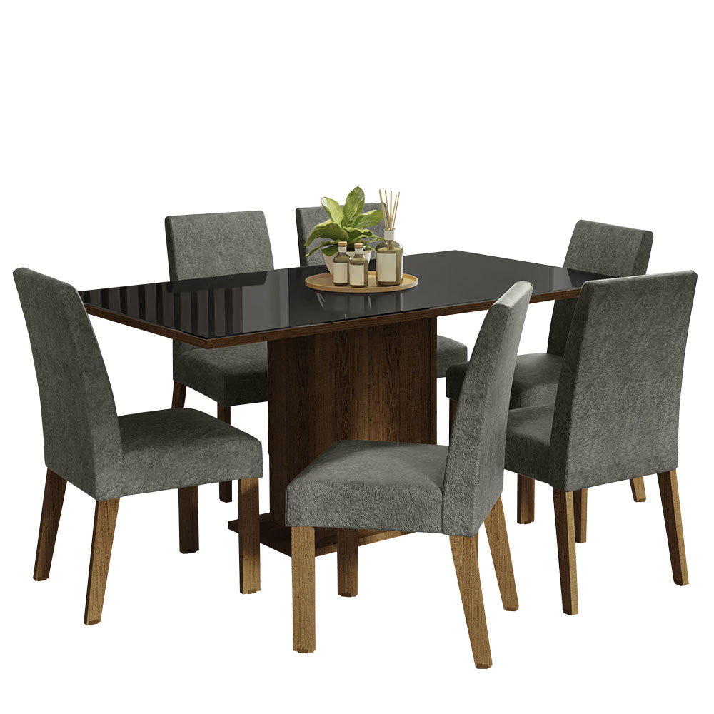 Juego de Comedor Alexis con 6 Sillas - Tablero de Madera y Cubierta de Cristal Marrón/Negro/Plateado