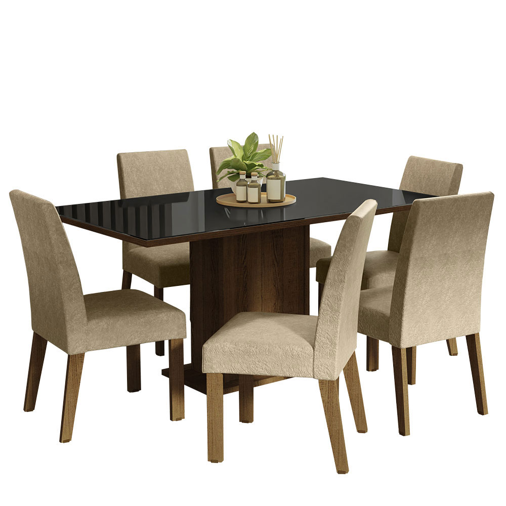 Juego de Comedor Alexis con 6 Sillas - Tablero de Madera y Cubierta de Cristal Marrón/Negro/Imperial