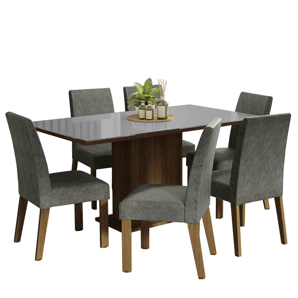 Juego de Comedor Alexis con 6 Sillas - Tablero de Madera y Cubierta de Cristal Marrón/Gris/Plateado