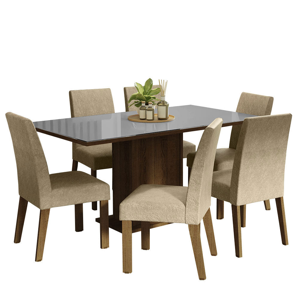 Juego de Comedor Alexis con 6 Sillas - Tablero de Madera y Cubierta de Cristal Marrón/Gris/Imperial