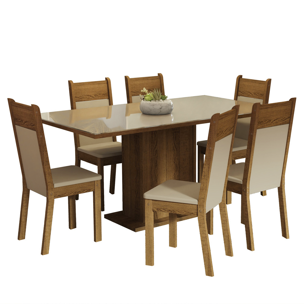 Juego de Comedor Francine con 6 Sillas - Tablero de Madera y Cubierta de Cristal Crema/Marrón/Beige