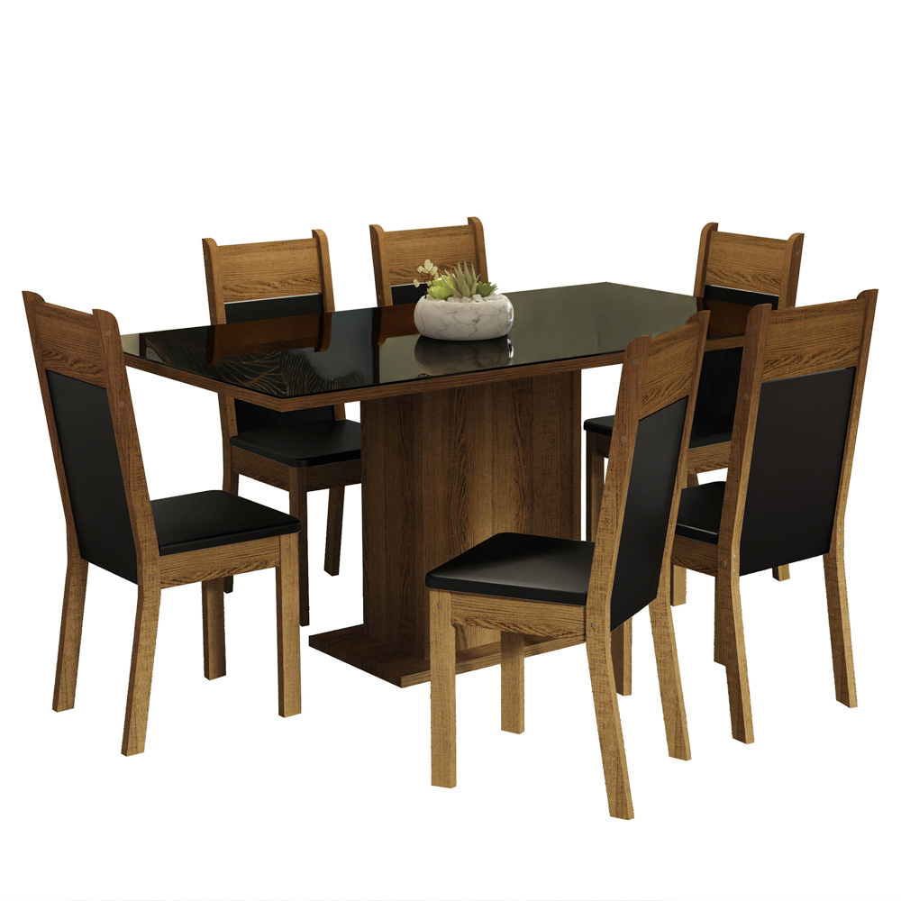 Juego de Comedor Francine con 6 Sillas - Tablero de Madera y Cubierta de Cristal Negro/Marrón