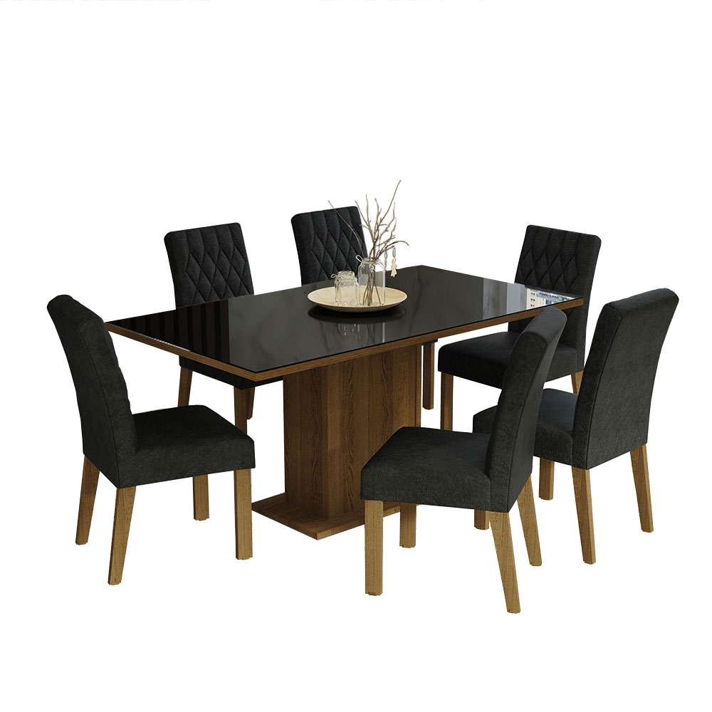Juego de Comedor Geórgia con 6 Sillas - Tablero de Madera y Cubierta de Cristal Marrón/Negro/Oxford