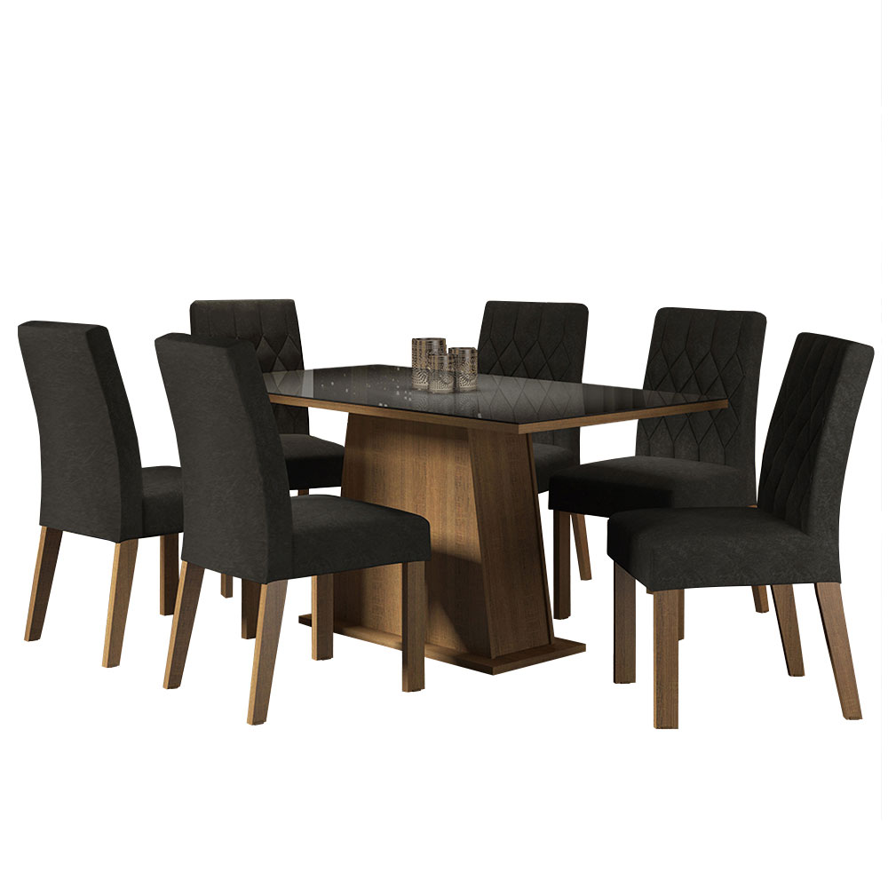Juego de Comedor Stéfani con 6 Sillas - Tablero de Madera y Cubierta de Cristal Marrón/Negro/Oxford