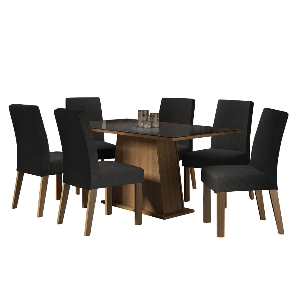 Juego de Comedor Patricia con 6 Sillas - Tablero de Madera y Cubierta de Cristal Marrón/Negro/Oxford
