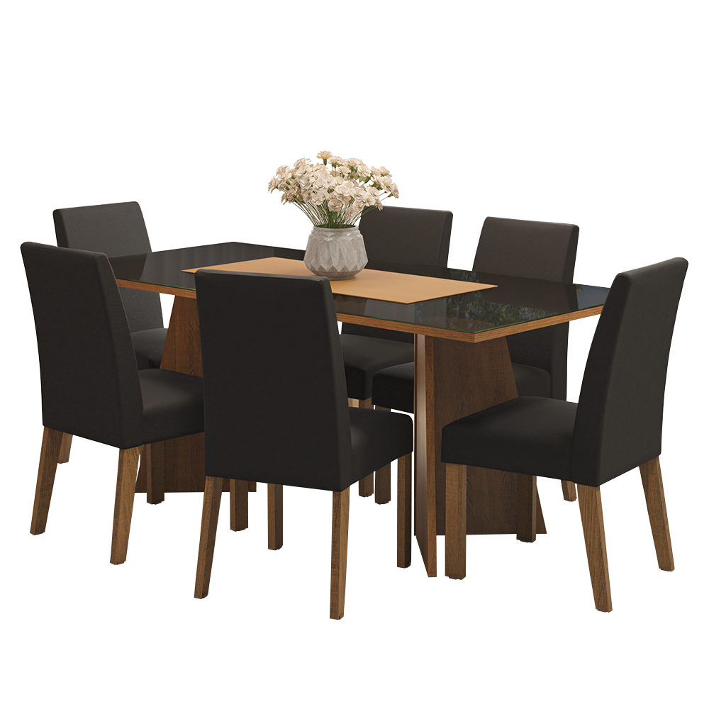 Juego de Comedor Valerie con 6 Sillas - Tablero de Madera y Cristal Marrón/Negro/Oxford
