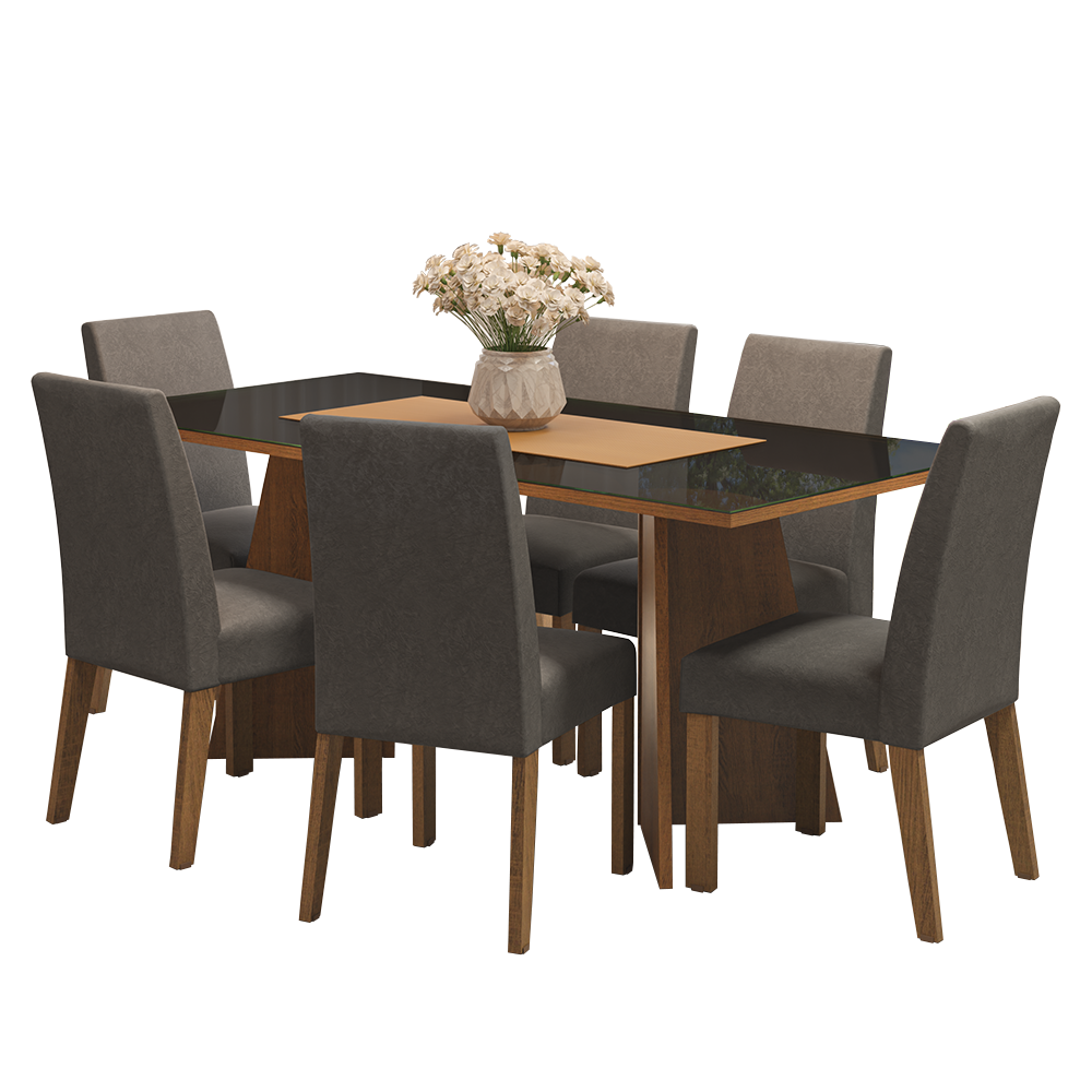 Juego de Comedor Valerie con 6 Sillas - Tablero de Madera y Cristal Marrón/Negro/Plateado