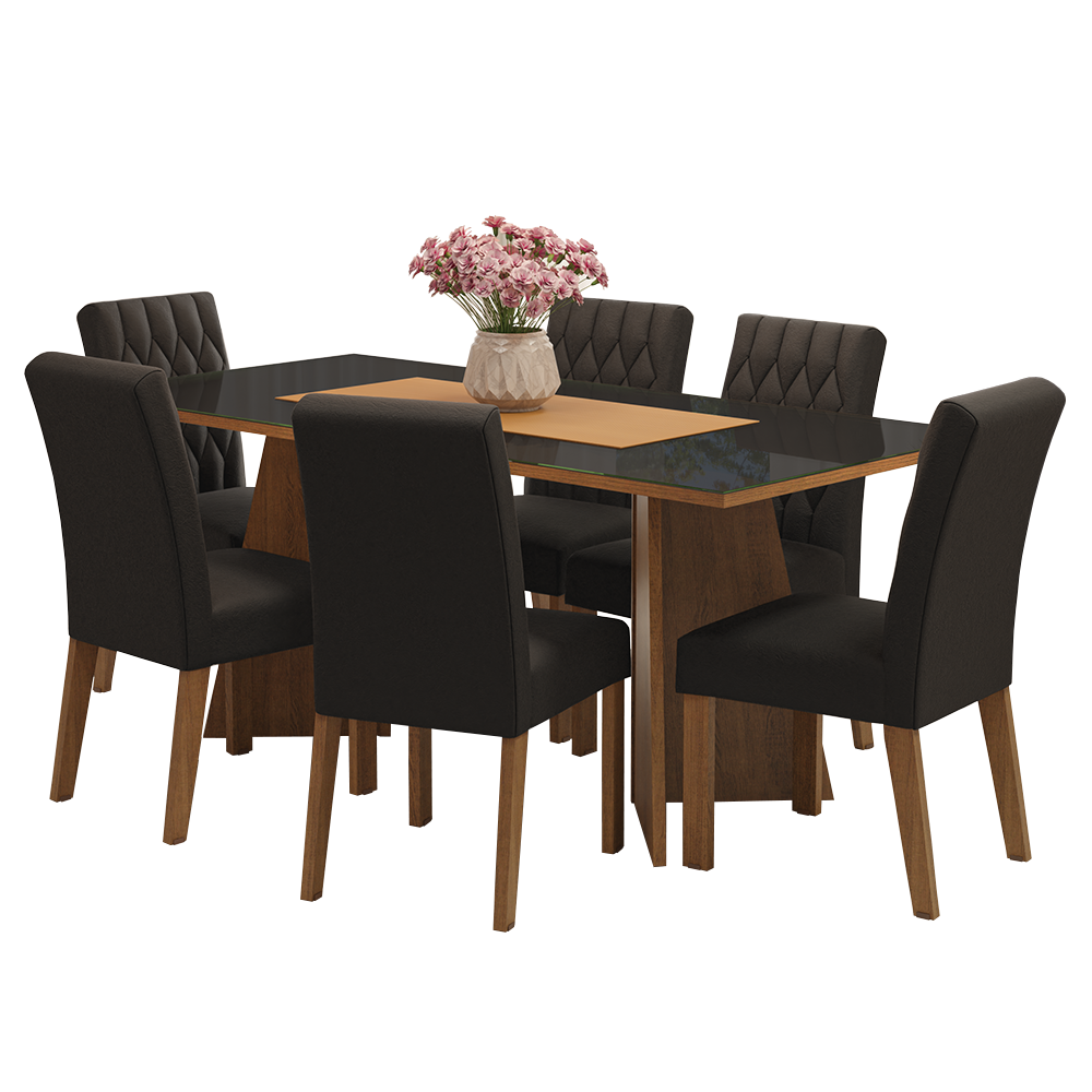 Juego de Comedor Marissa con 6 Sillas - Tablero de Madera y Cristal Marrón/Negro/Oxford