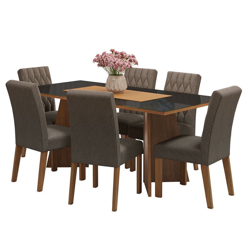 Juego de Comedor Marissa con 6 Sillas - Tablero de Madera y Cristal Marrón/Negro/Plateado
