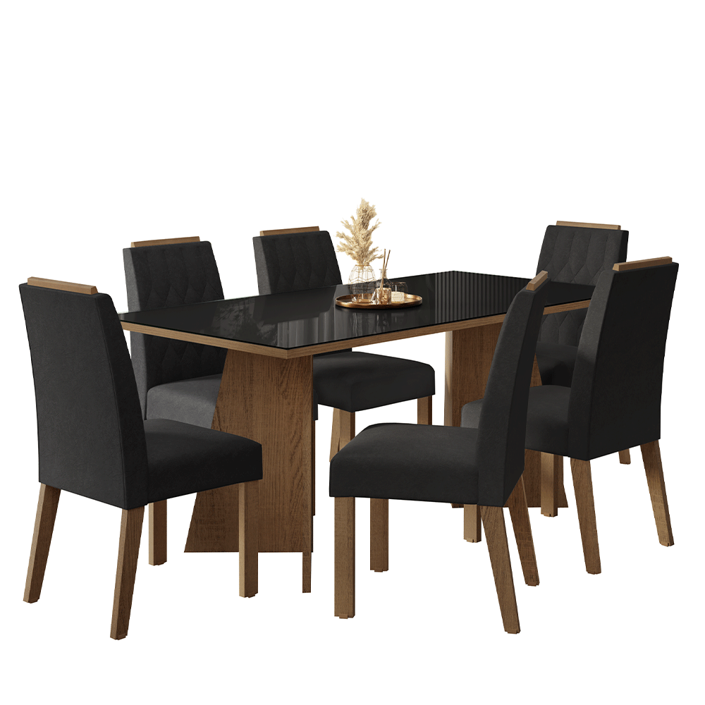 Juego de Comedor Siena con 6 Sillas - Tablero de Madera y Cristal Marrón/Negro/Oxford