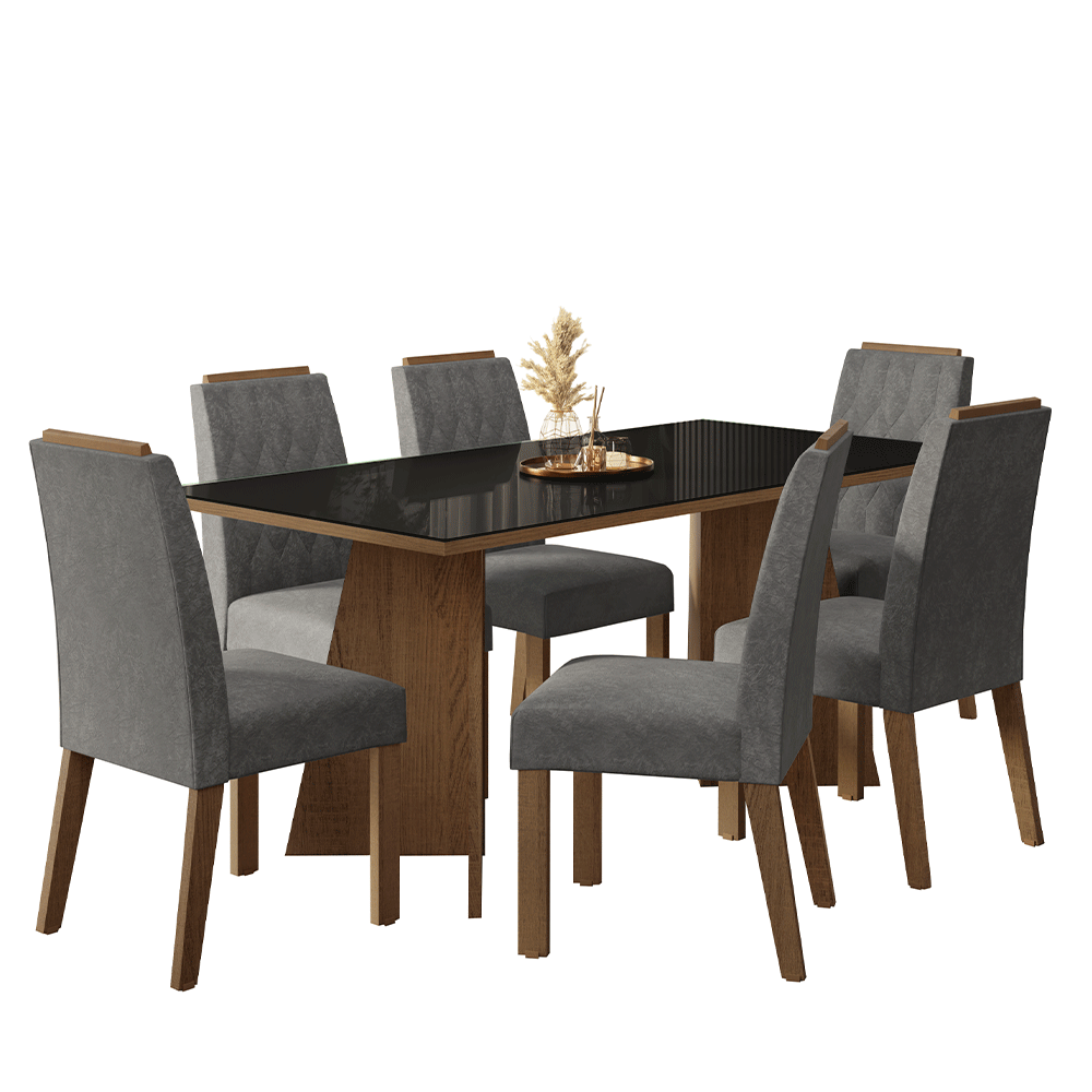 Juego de Comedor Siena con 6 Sillas - Tablero de Madera y Cristal Marrón/Negro/Plateado