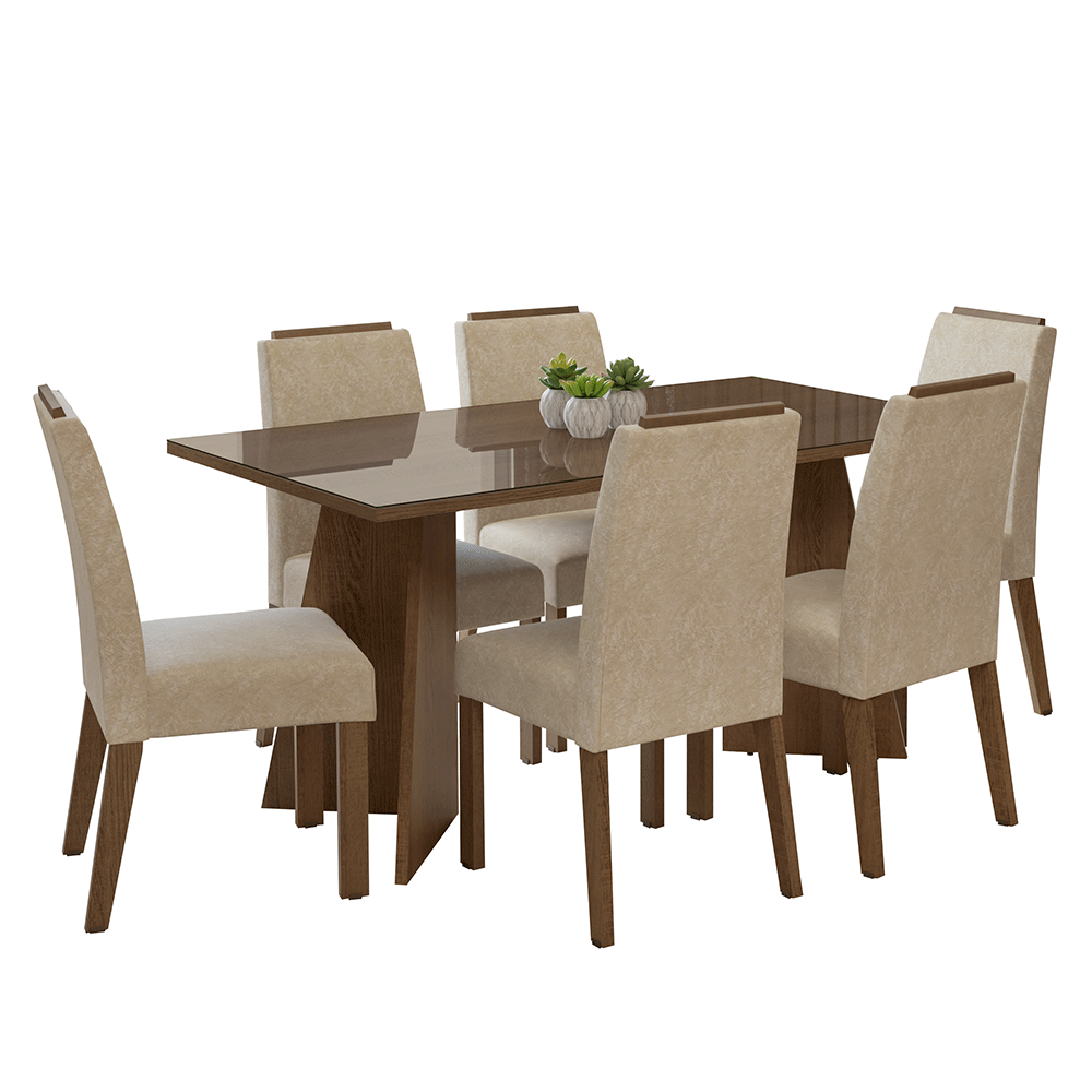 Juego de Comedor Madrid con 6 Sillas - Tablero de Madera y Cristal Marrón/Imperial
