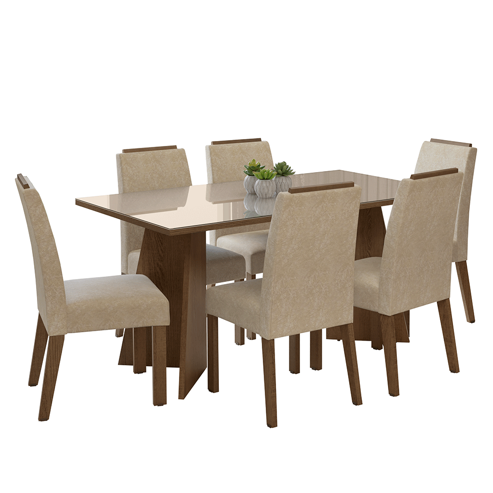 Juego de Comedor Madrid con 6 Sillas - Tablero de Madera y Cristal Marrón/Crema/Imperial