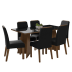 Juego de Comedor Madrid con 6 Sillas - Tablero de Madera y Cristal Marrón/Negro/Oxford