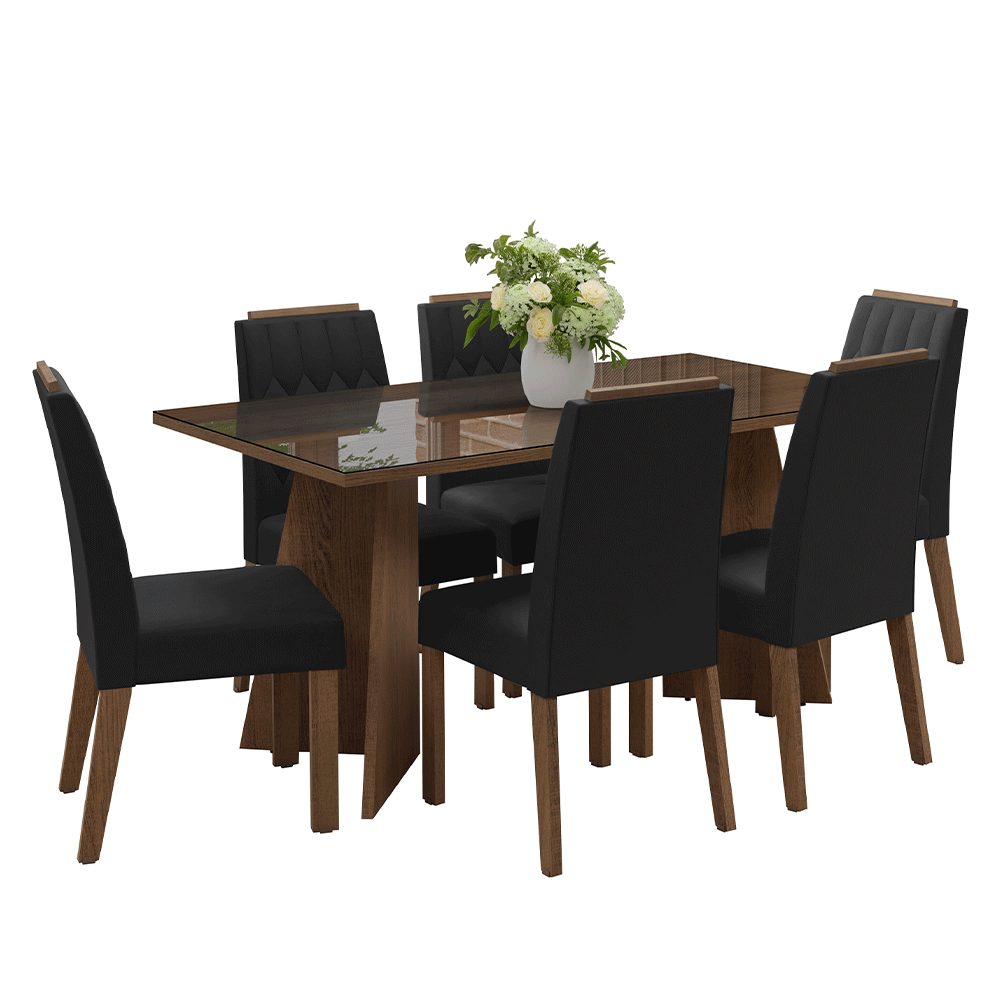 Juego de Comedor Sintra con 6 Sillas - Tablero de Madera y Cristal Marrón/Oxford