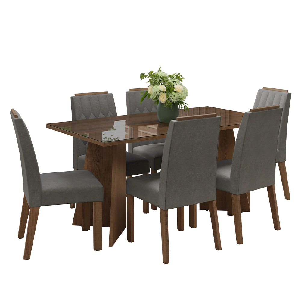 Juego de Comedor Sintra con 6 Sillas - Tablero de Madera y Cristal Marrón/Plateado