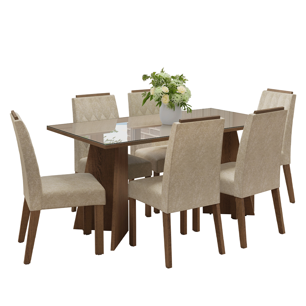 Juego de Comedor Sintra con 6 Sillas - Tablero de Madera y Cristal Marrón/Crema/Imperial