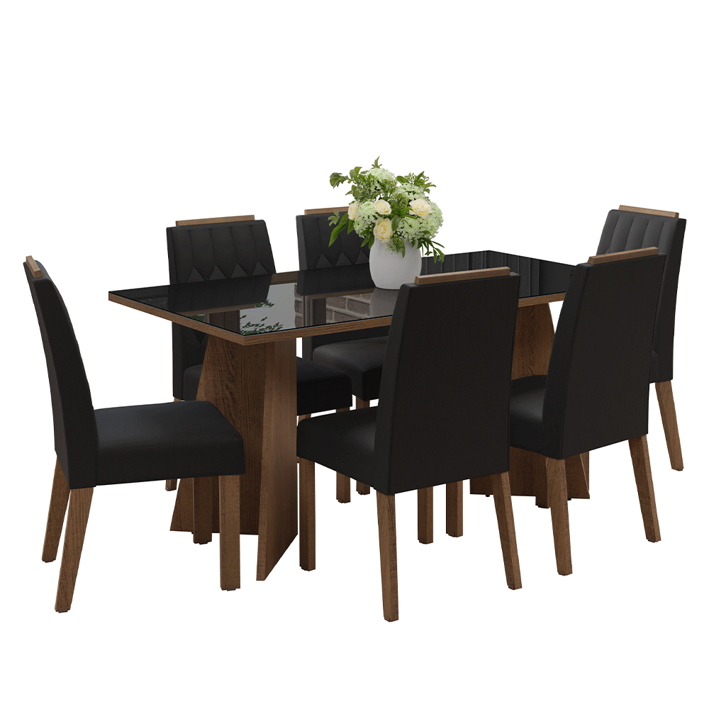 Juego de Comedor Sintra con 6 Sillas - Tablero de Madera y Cristal Marrón/Negro/Oxford