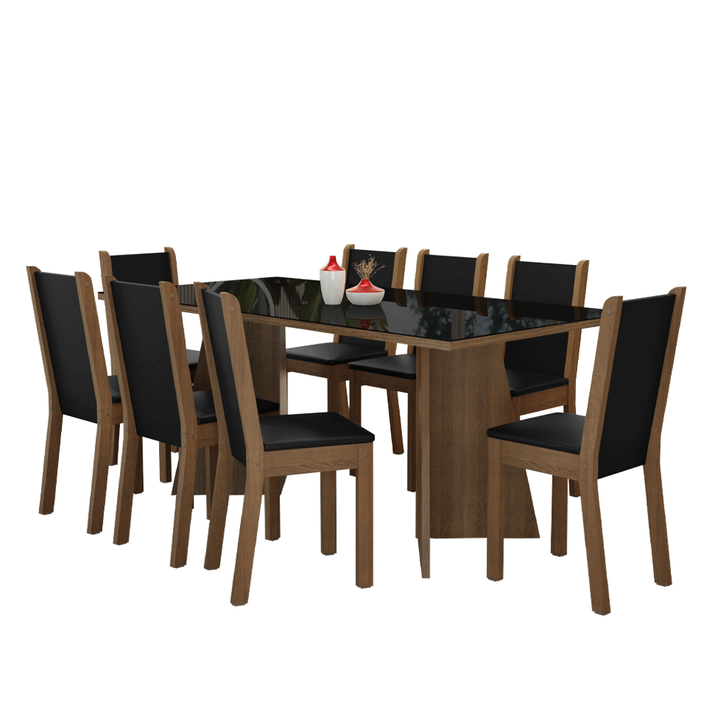 Juego de Comedor Justine con 8 Sillas - Tablero de Madera y Cristal Marrón/Negro