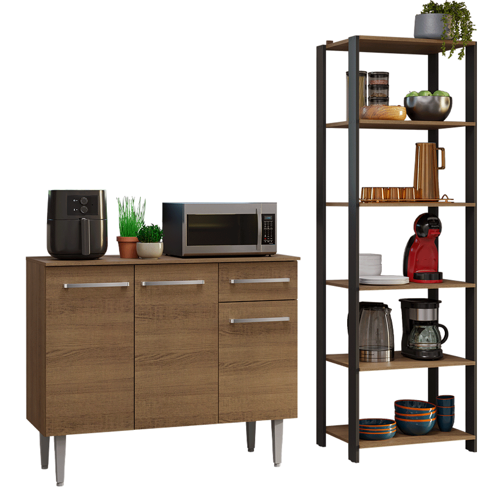 Kit Mueble de Cocina Bajo 1.05 m + Estante Organizador Multiuso 5 Niveles Marrón