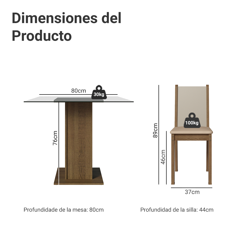 Juego de Comedor Aline con 4 Sillas - Encimera Cuadrada de Cristal Marrón/Crema/Beige