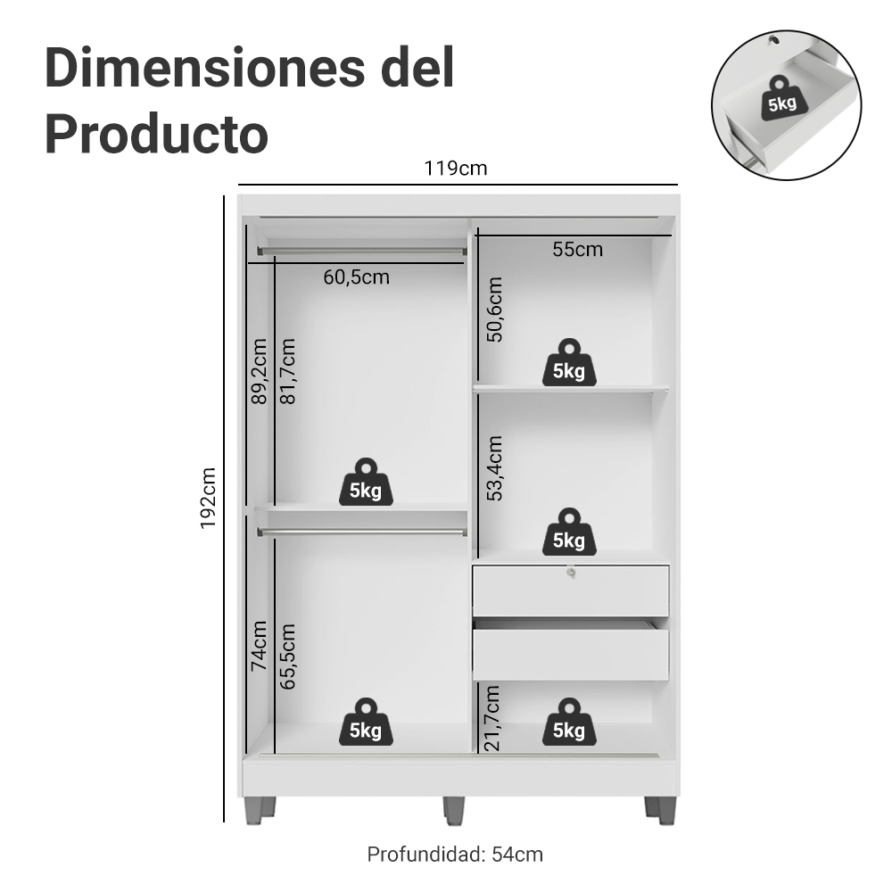 Clóset Luke con Patas 2 Puertas Corredizas 2 Cajones Blanco 192 cm x 120 cm x 53 cm