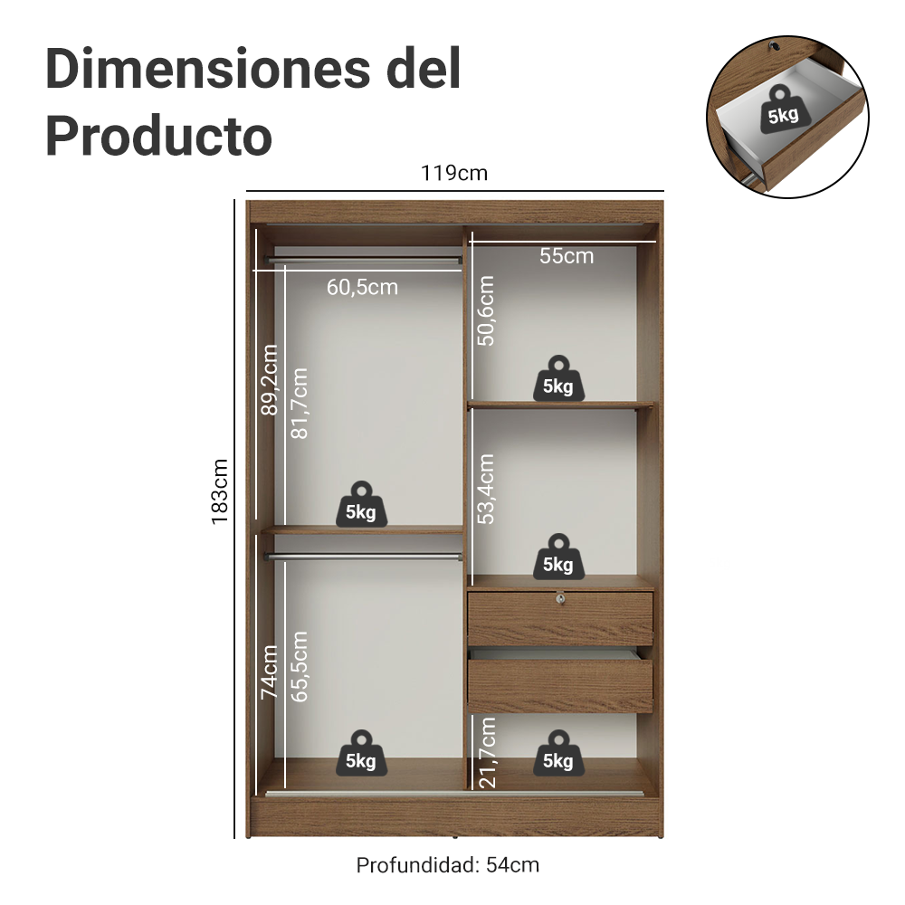 Clóset Luke 2 Puertas Corredizas con Espejos Marrón 183 cm x 119 cm x 54 cm