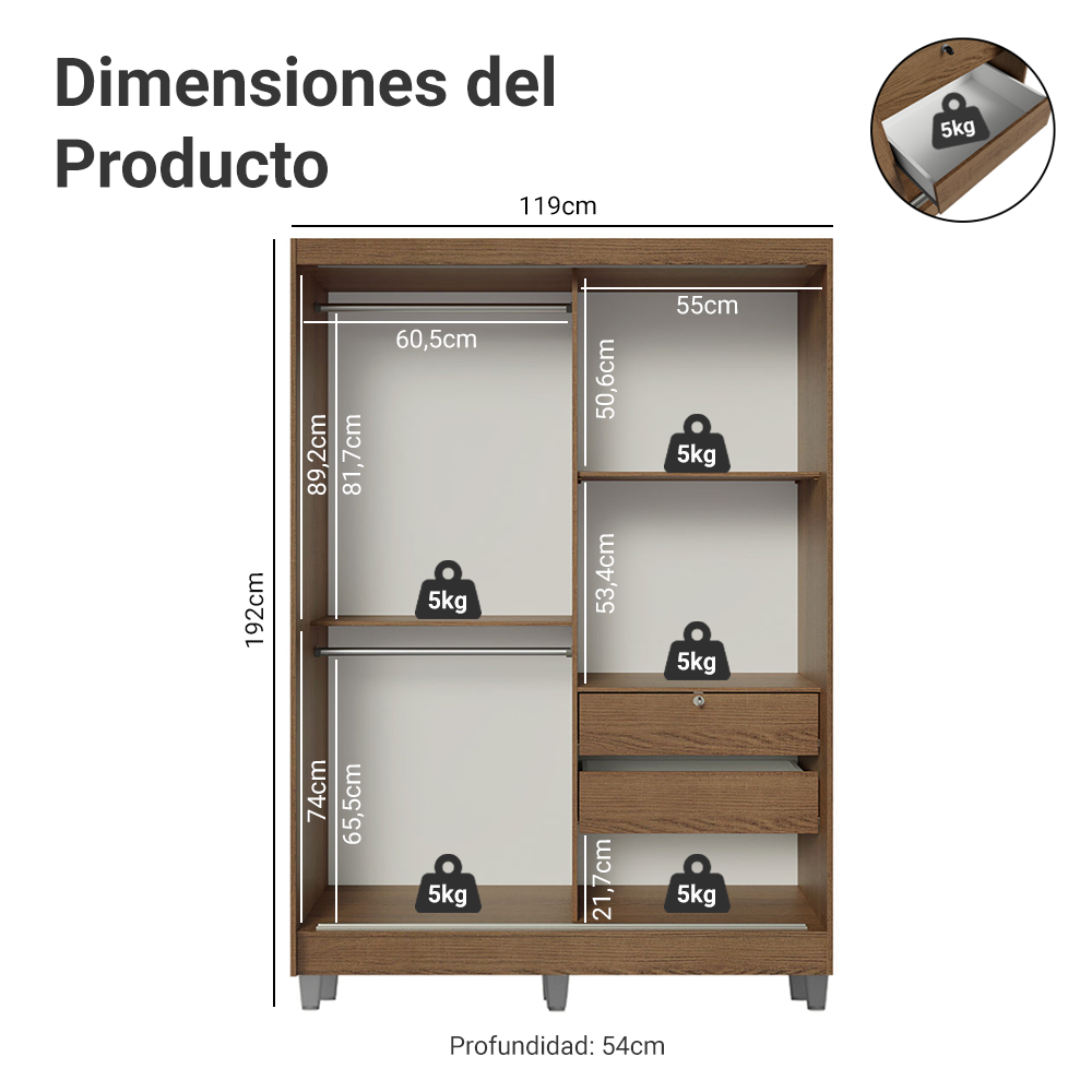 Clóset Luke con Patas 2 Puertas Corredizas con Espejos Marrón 192 cm x 120 cm x 53 cm