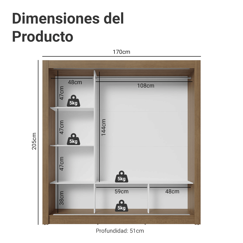 Clóset Monaco 3 Puertas Corredizas Marrón 170 cm x 205 cm x 51 cm