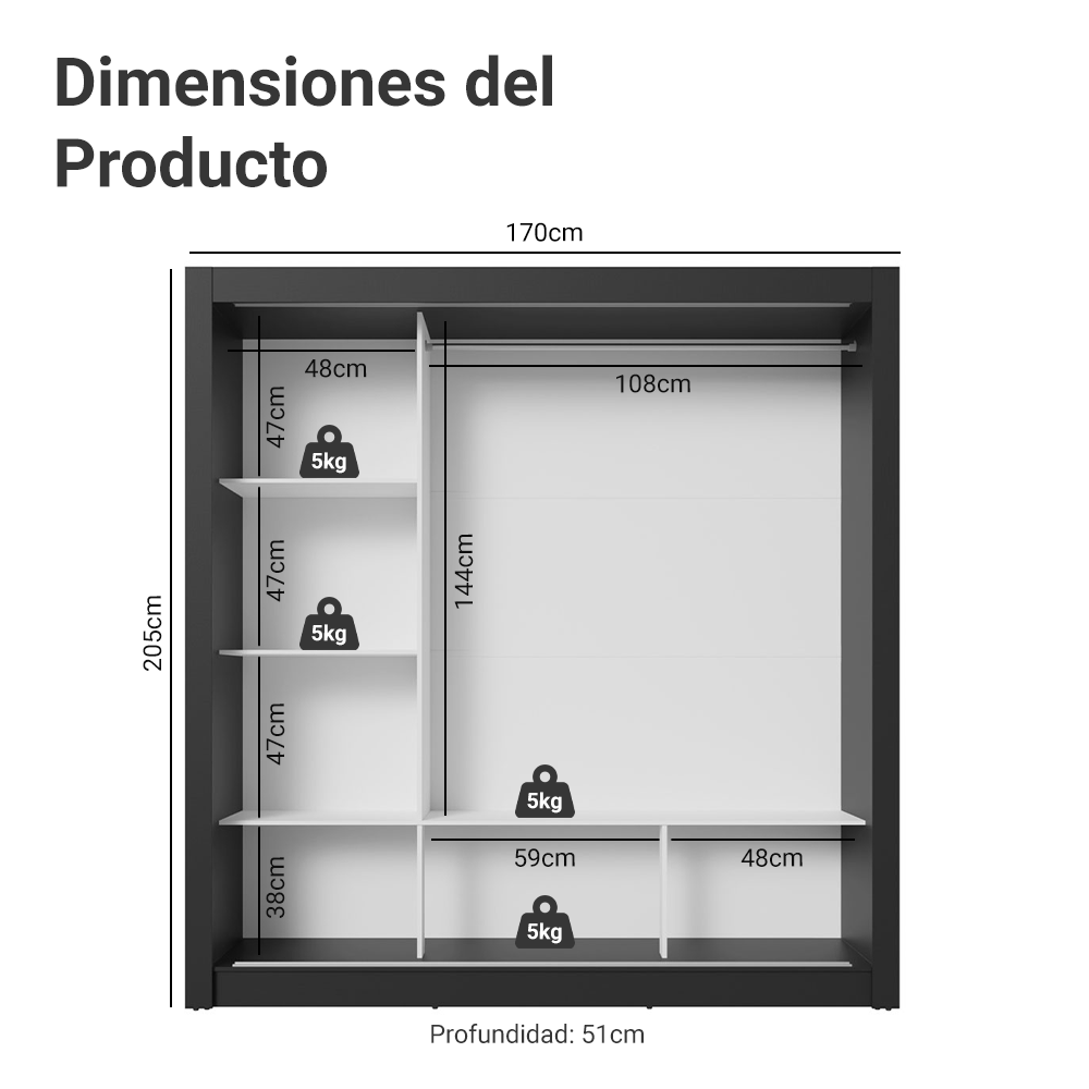 Clóset Monaco 3 Puertas Corredizas 1 Espejo Negro/Blanco 170 cm x 205 cm x 51 cm