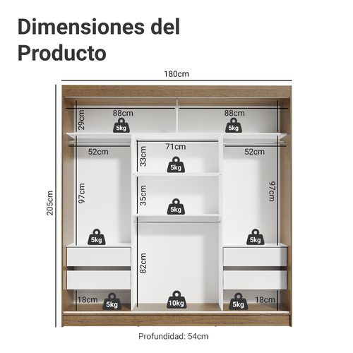 Closet Reno 180 cm 3 Puertas Corredizas 2 Espejos Marrón Madesa