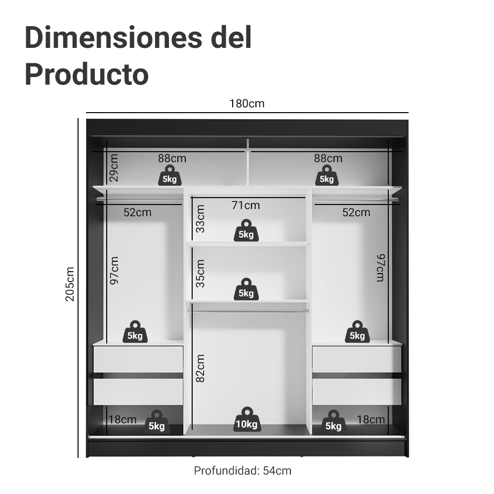 Clóset Reno 3 Puertas Corredizas 2 Espejos Negro/Blanco 180 cm x 205 cm x 54 cm