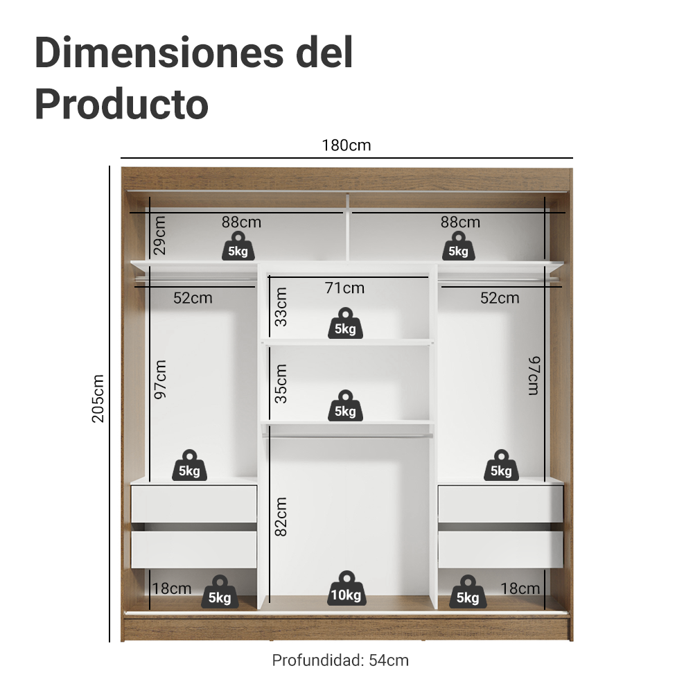 Clóset Reno 3 Puertas Corredizas 2 Espejos Marrón/Negro 180 cm x 205 cm x 54 cm