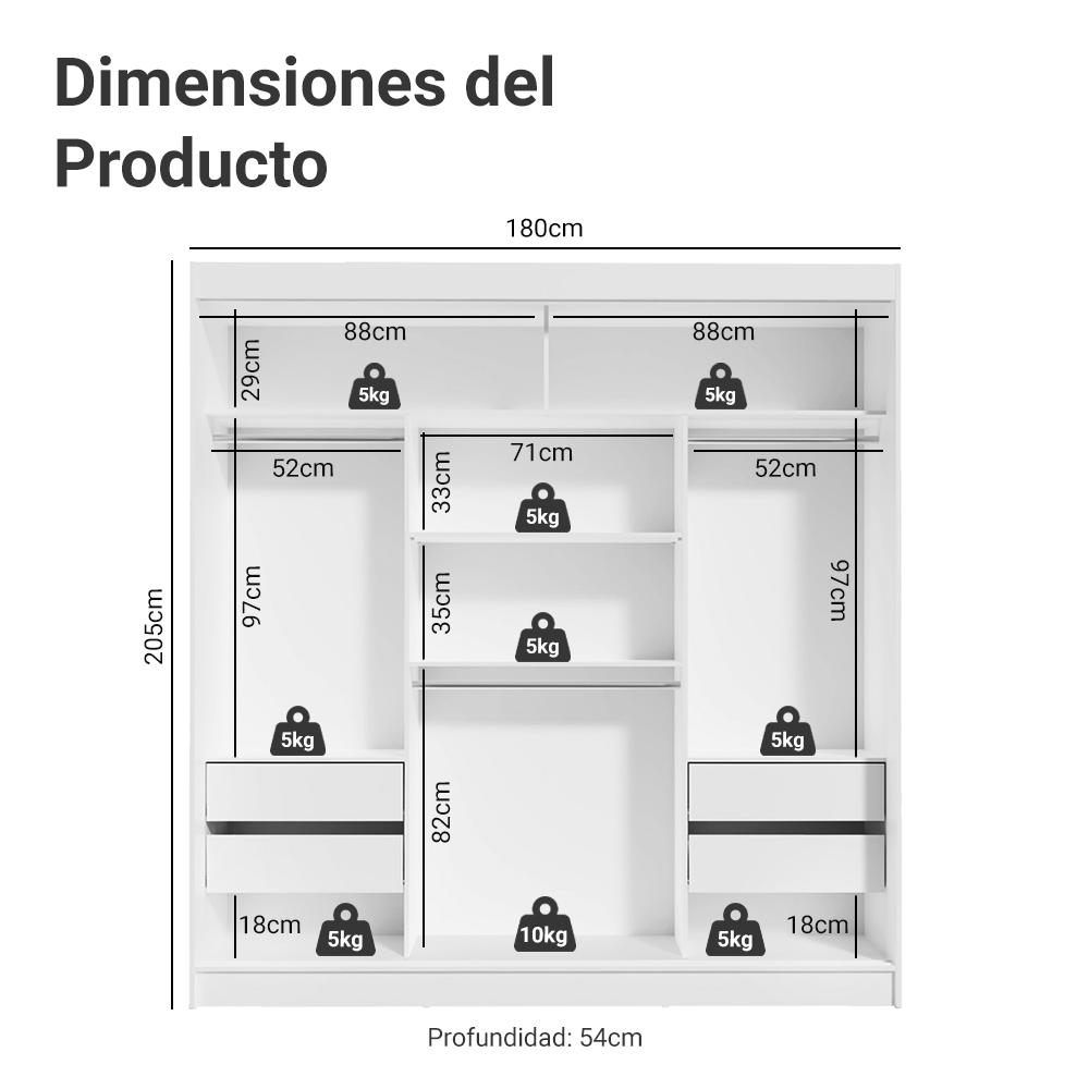 Clóset Reno 3 Puertas Corredizas con Espejos Blanco/Marrón 180 cm x 205 cm x 54 cm