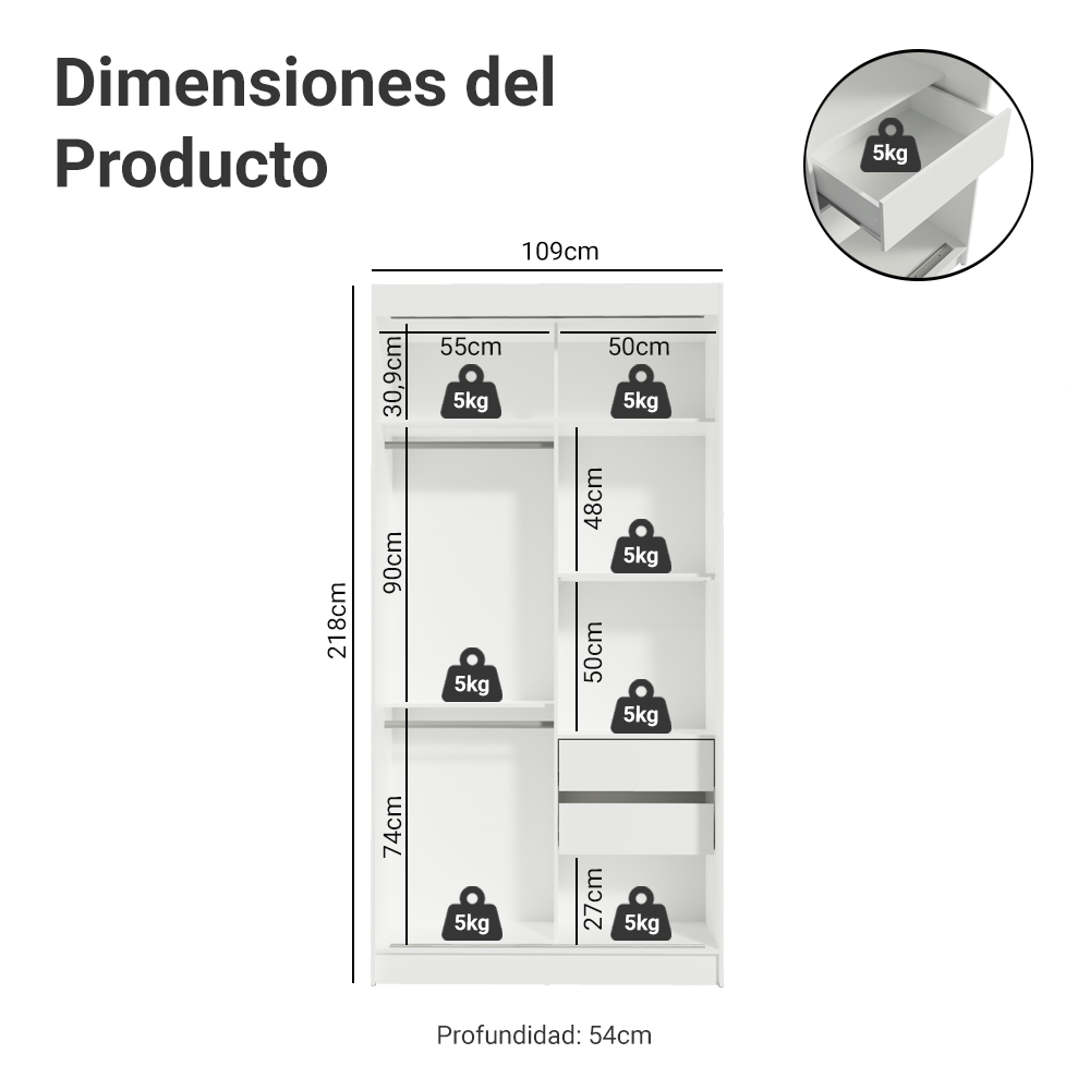 Clóset Tokio 2 Puertas Corredizas 1 Espejo Blanco 218 cm x 109 cm x 54 cm