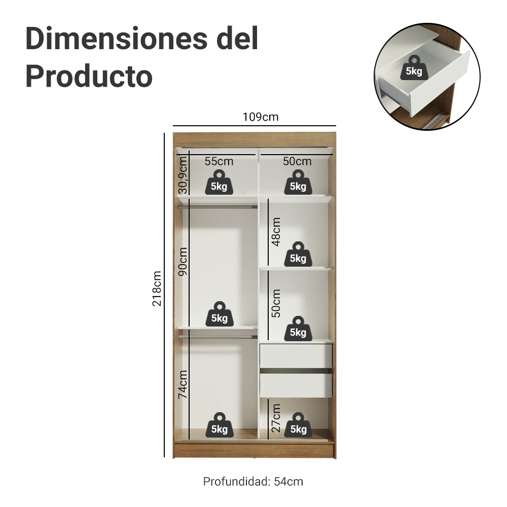 Clóset Tokio 2 Puertas Corredizas 1 Espejo Marrón/Blanco 218 cm x 109 cm x 54 cm