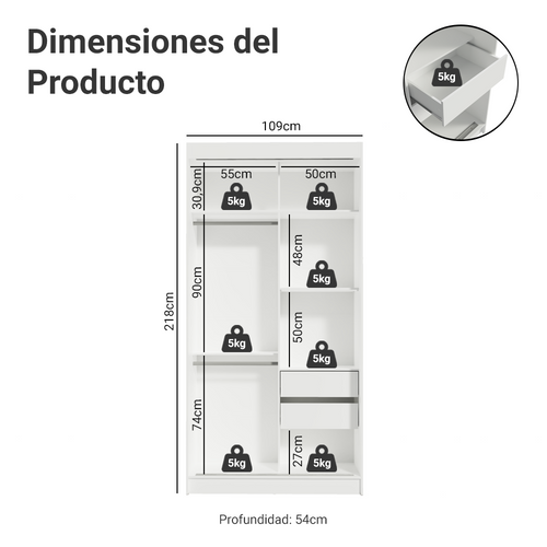 Clóset Tokio 2 Puertas Corredizas 2 Cajones Blanco/Negro 218 cm x 109 cm x 54 cm