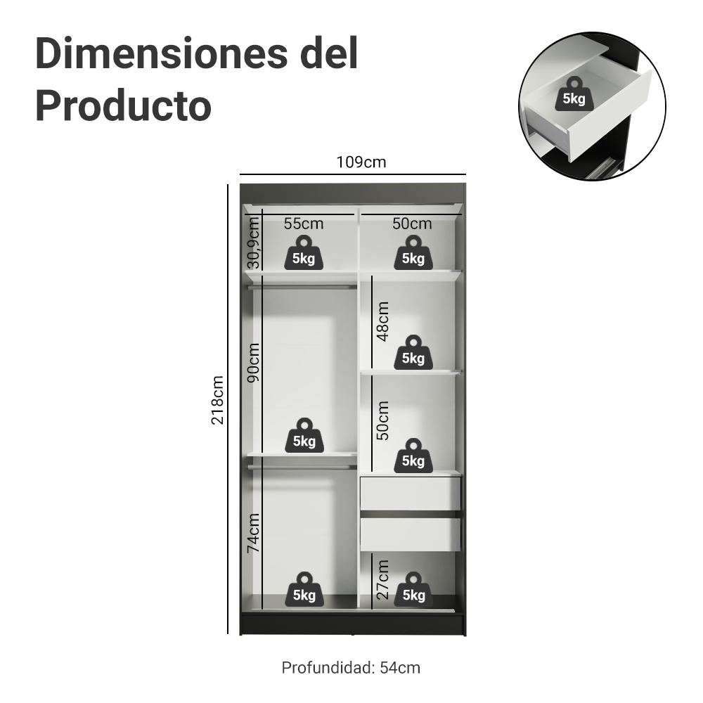 Clóset Tokio 2 Puertas Corredizas 2 Cajones Negro/Blanco 218 cm x 109 cm x 54 cm