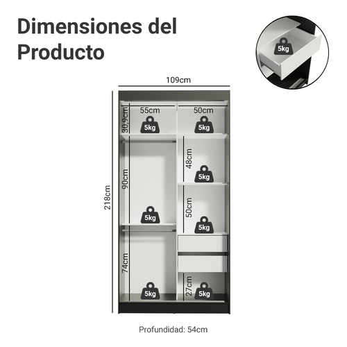 Clóset Tokio 2 Puertas Corredizas 2 Cajones Negro/Marrón 218 cm x 109 cm x 54 cm