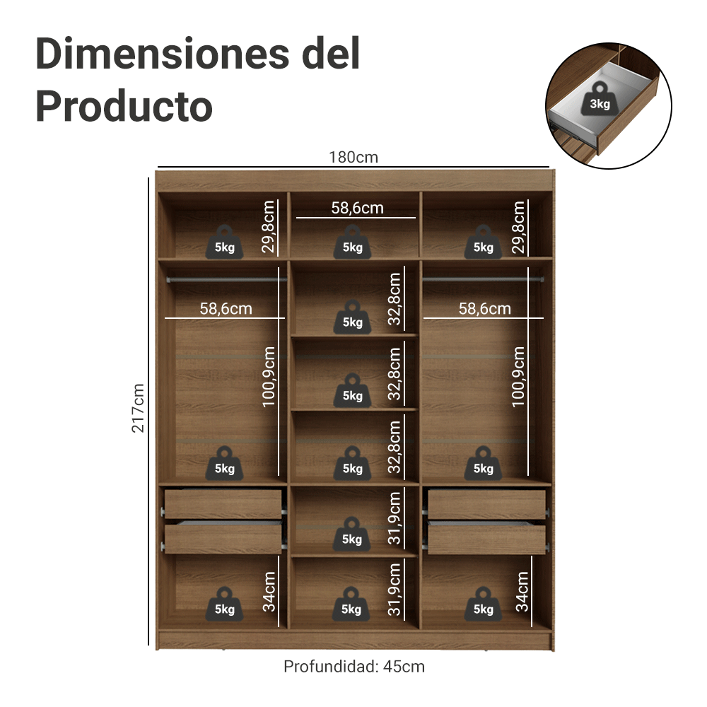 Closet Venus 4 Cajones 2 Barrales 12 Nichos Marrón