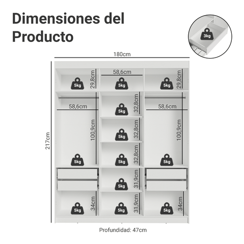 Clóset Venus 180 cm 6 Puertas 4 Cajones Blanco/Negro Madesa