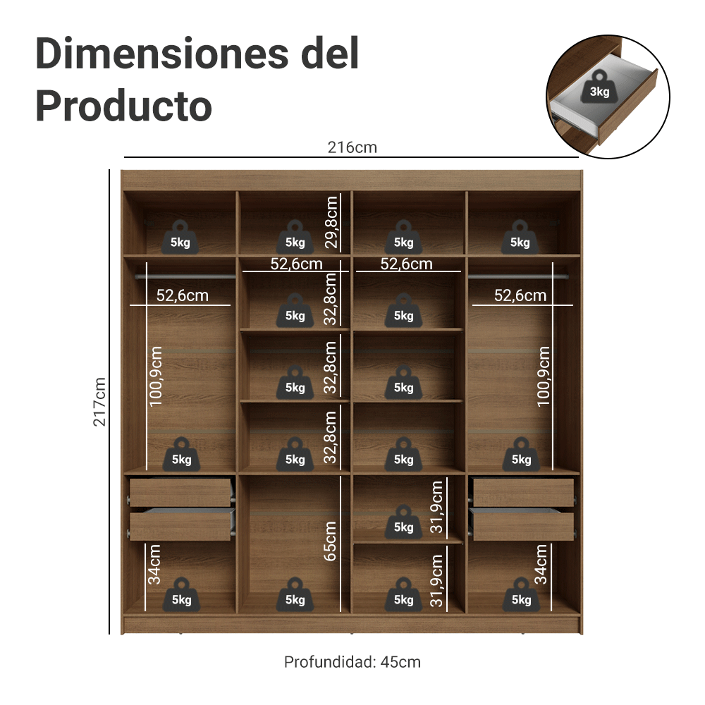 Closet Venus 4 Cajones 2 Barrales 17 Nichos Marrón