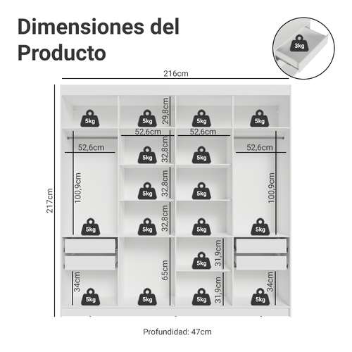 Clóset Venus 216 cm 8 Puertas 4 Cajones Blanco Madesa
